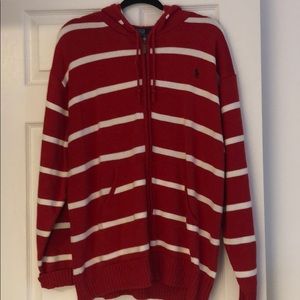 Men’s red and white striped zipper polo sweater